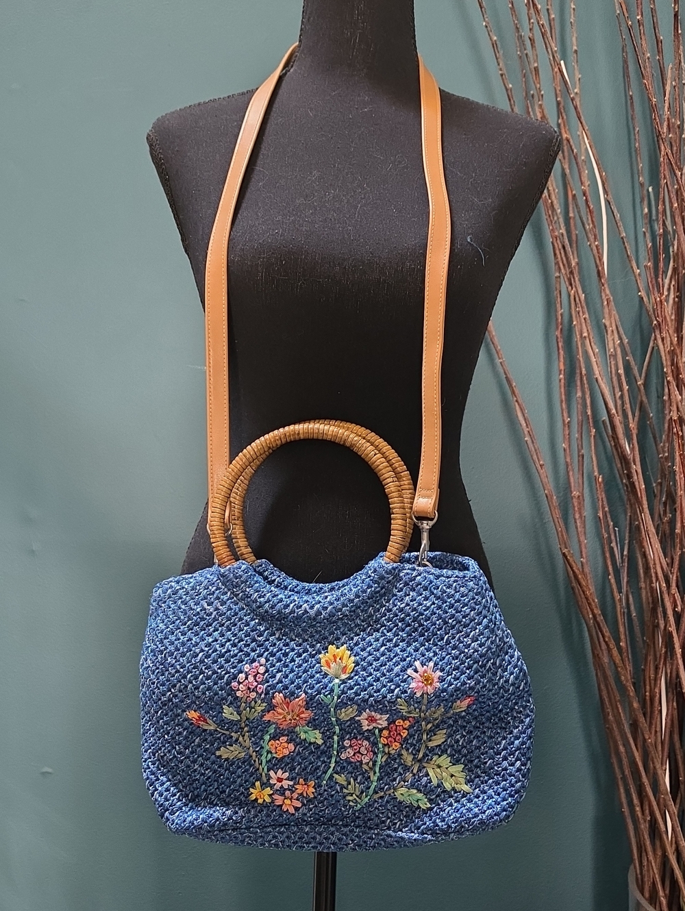 Blue Floral Embroidered Shoulder Bag w/ Tan Strap and Wooden Handles